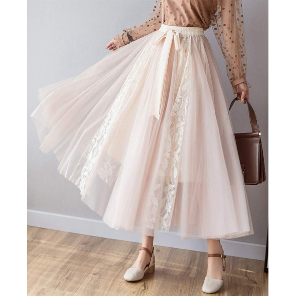 Gebacades Elastic Lace Pleated Tulle Maxi Beige Women's High-Waisted Tie-Down Skirt,