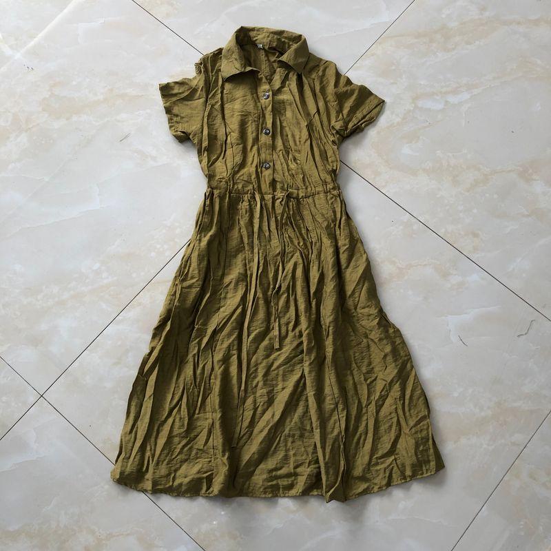 Cotton and Linen Shirt Dress Summer New Arrival Women's Flip + V-neck Buttons Pullover Short Sleeve Shoelace Waist Midi Dress 29071