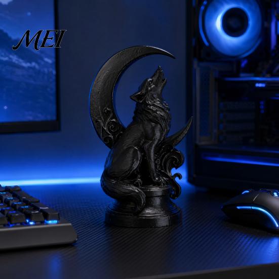 Lupo Solitario Luna Crescente Arte Scultura Ululante Stampata 3D con Base, Stile Nordico Opaco Ornamento per la Casa Finitura Nera Arte da Collezione, Statua Gotica