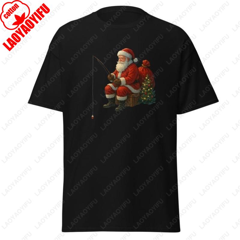 

Fishing Santa Unisex Classic Funny Christmas Holiday Tees Gift Simple Cute Men Women Cotton Tshirt Creative Leisure Vintage Tops S