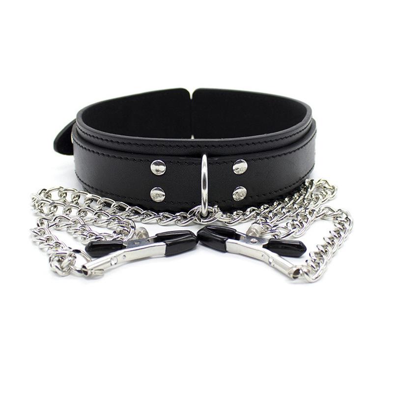 SM Adult Nipple Clamps Leather Choker with Chain - Kinky Erotic Necklace for Couples