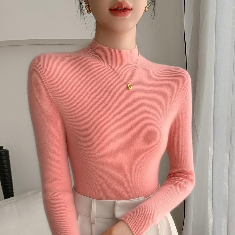 Women's Black Wool Semi-High Neck Base Layer Sweater - Soft, Comfortable, Slimming Fit for Autumn/Winter.