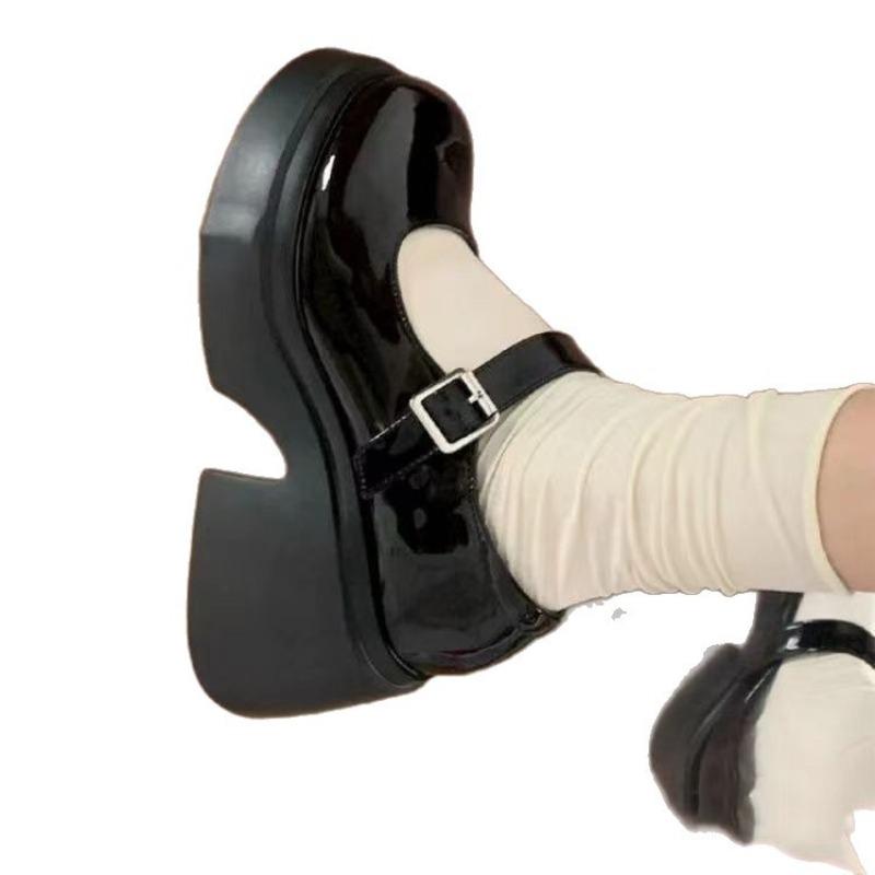 Comfortable Height-increasing Mary Jane Leather Shoes Autumn New Fashionable Versatile Round Head Shallow Mouth One-word Buckle Platform Shoes