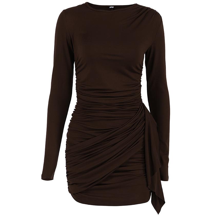 European and American New Autumn and Winter Pleated Waist Thin Streamer Short Tight Skirt Women's Long-sleeved Irregular Dress
