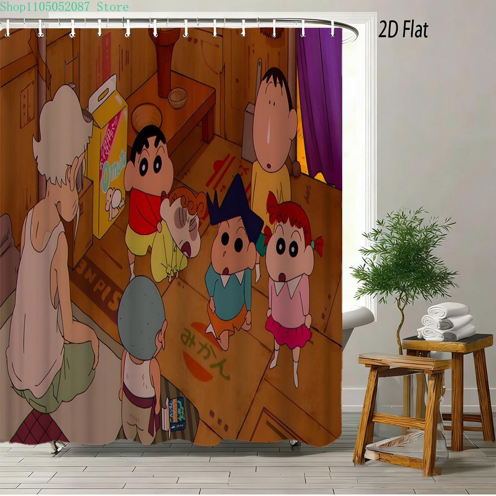 Crayon Shin-Chan & Friends & Shiro & Strange Creature On Green Grass Scene 2D Print Waterproof Shower Curtain, Bright Green Bath