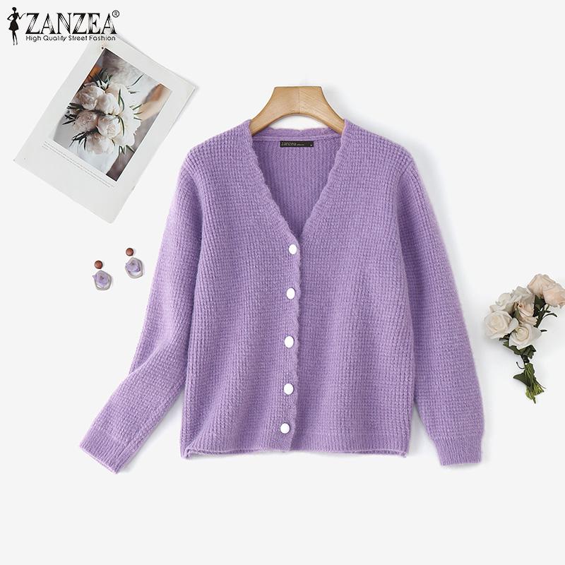 ZANZEA Herbst Elegante Damen V-Ausschnitt Langarm Textur Lässige Strickwaren Cardigans