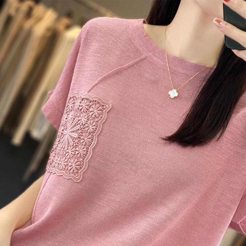 

Бамбуковый узел Хлопковый свитер с круглым вырезом, карманом с крючком, короткими рукавами, женский, модный, универсальный, трендовый топ, удобная базовая рубашка XXL