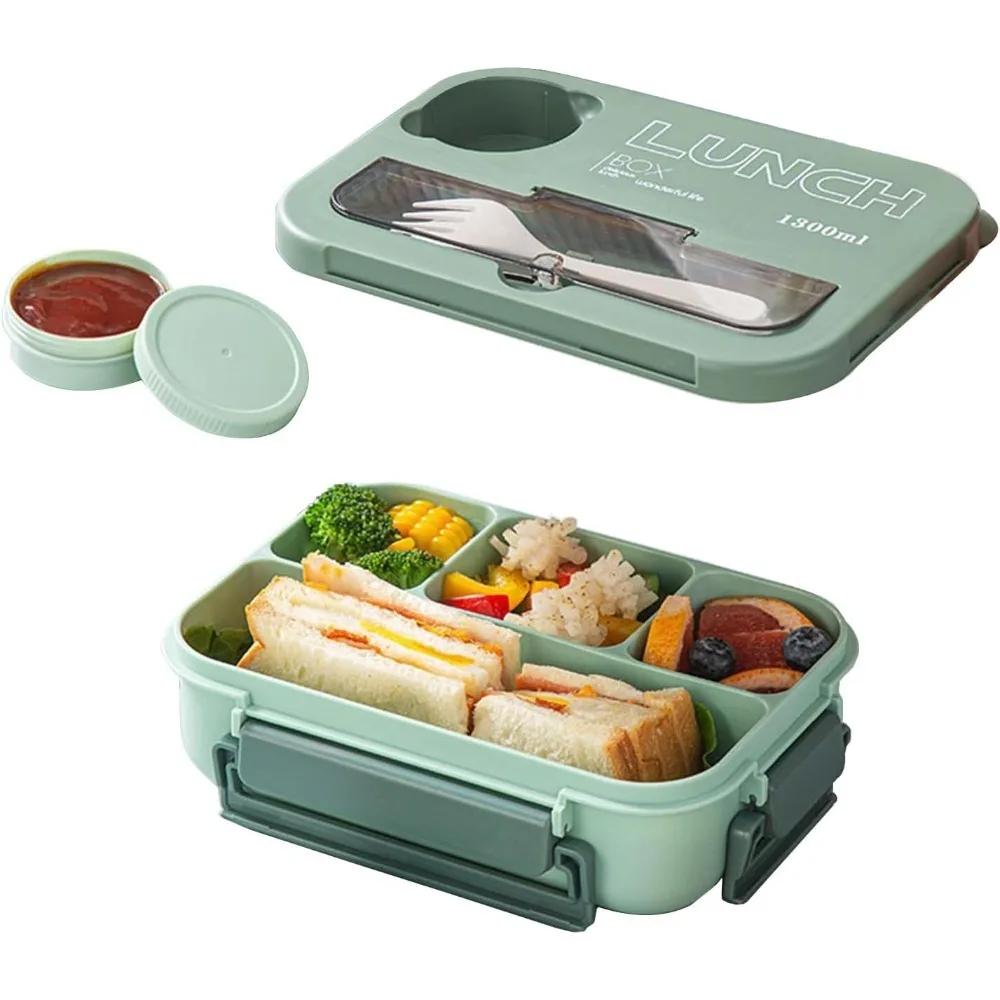 4-compartment Lunch Box with Sauce Pot, Ideal for Eating Out, Built-in Cutlery Set, Leak-proof, Microwave/dishwasher Safe