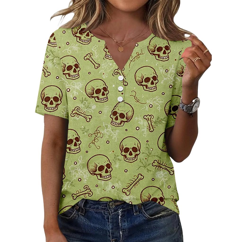Womens Casual Halloween Print V Neck Short Sleeve Button Front T Shirt Top Lightweight Soft Fabric Comfortable Fit