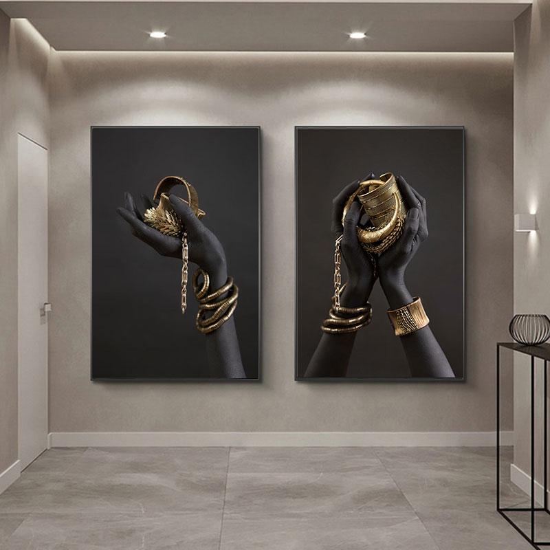 African Woman Art Black And Gold Portrait Canvas Paintings Poster Print Wall Art Picture Home Decor For Living Room Frameless