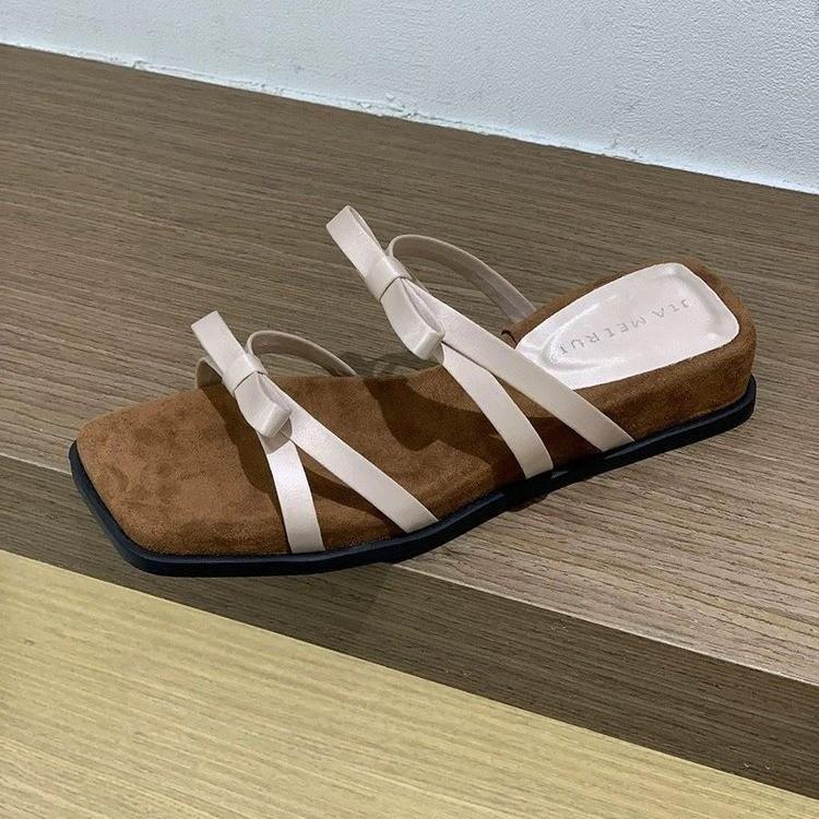 Purple temperament wedge heel French thin strap cool slippers fairy 2025 new summer bow Roman cool slippers