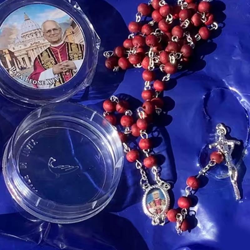 Rose Scented Wooden Rosary Beads with Pope Leos Charm Wood Catholic Rosary Beaded Christian Pendants Necklace for Prayer