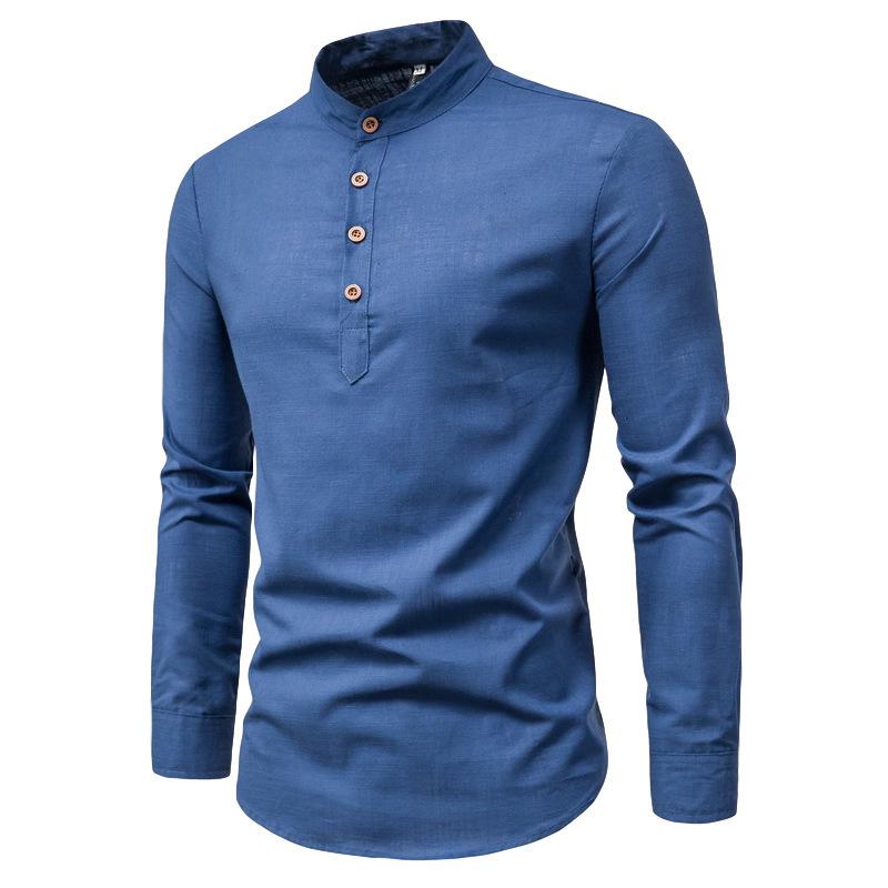 Men's Solid Color Slim-Fit Stand-Up Collar Cotton Shirt – European & American Autumn Casual Business Long-Sleeve