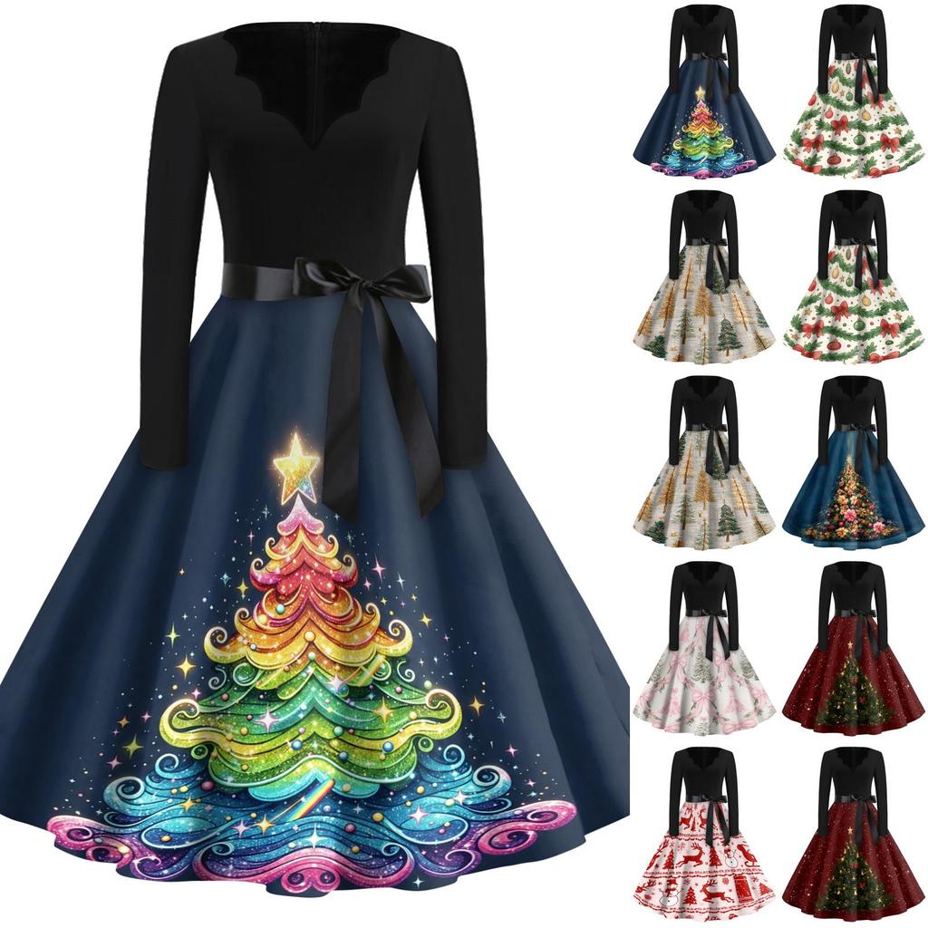 Women's Casual Vintage V-Neck Long Sleeve Dress with Christmas Print for Holiday Party