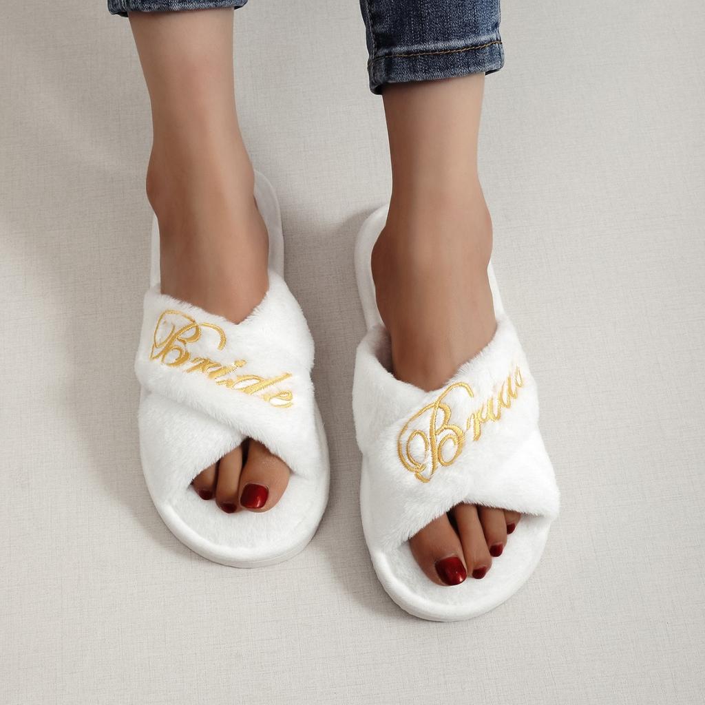 Embroidered Plush Slippers Indoor Anti Slip and Toe Exposed Slippers