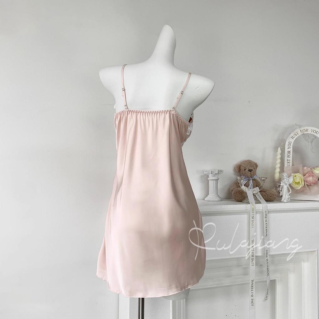 Satin Ice Silk Lace Nightdress with Chest Pad - Women's Thin Sling High-End Pajamas