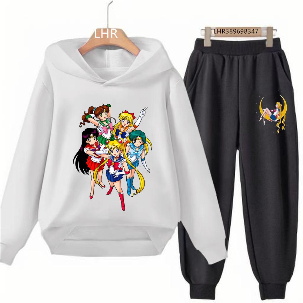 Fashion Anime Hoodie Sailor Moon Print Kids Girl Pink 3-12 Years Sweatshirt+Trousers Sports Pullover Coat Leisure Autumn Set