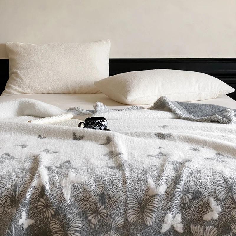 High-quality Autumn Winter Warm Blankets for Sofa Butterfly Jacquard Imitation Mink Fur Warmth Blanket High-end Shawl Blanket