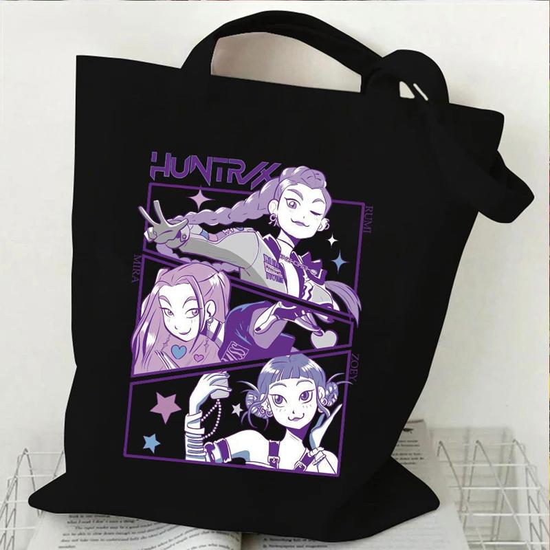 New Kpop Demon Hunters Black White Canvas Bag Saja Boys Anime Print Tote Bag Girls Trendy Lightweight Shoulder Bag