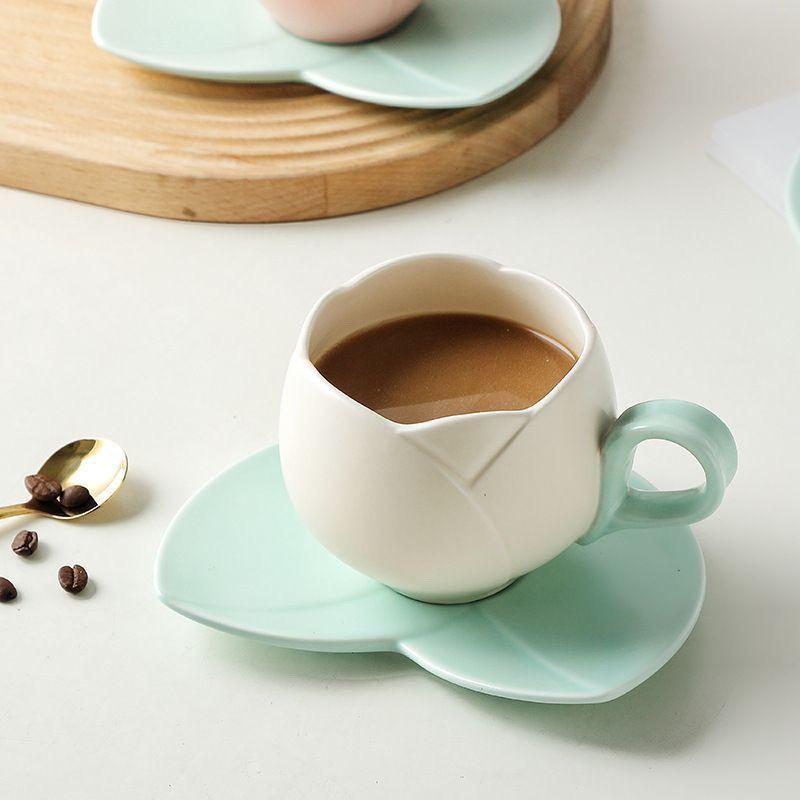 Tulip-Shaped Ceramic Coffee Cup & Saucer Set with Leaf Coaster, 100ml Elegant Espresso Tea Cups, Aesthetic and Practical