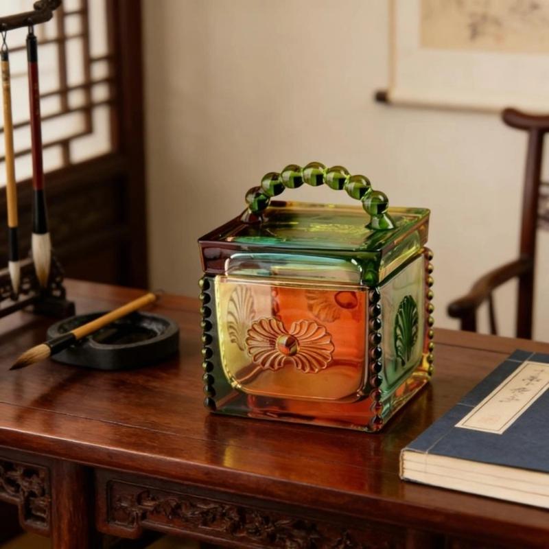 Artistic Square Candies Holder Clear Glass Featuring Intricate Embossed Detail Household Storage Jar