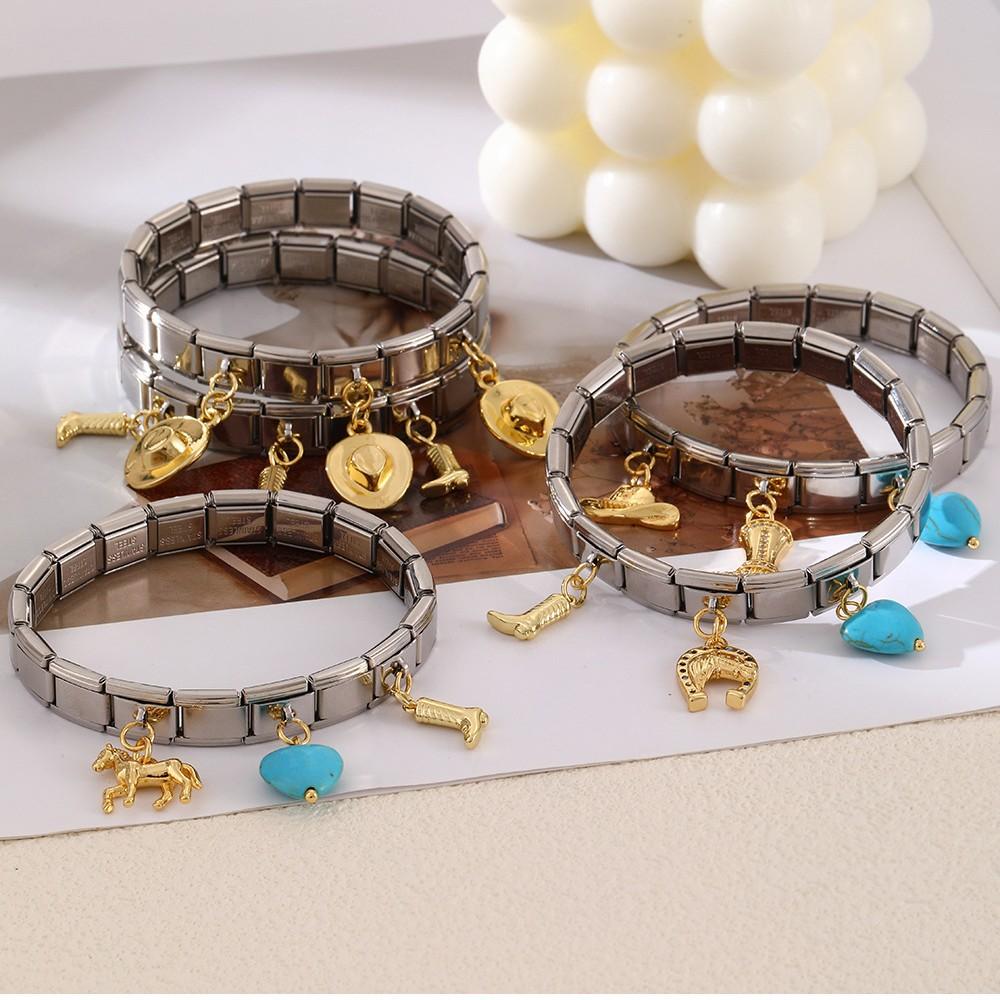 Trendy Hip Hop Western Cowboy Series Modular Charm Bracelet Interchangeable Horse Boot Heart Charms Assembled Stretch Made China