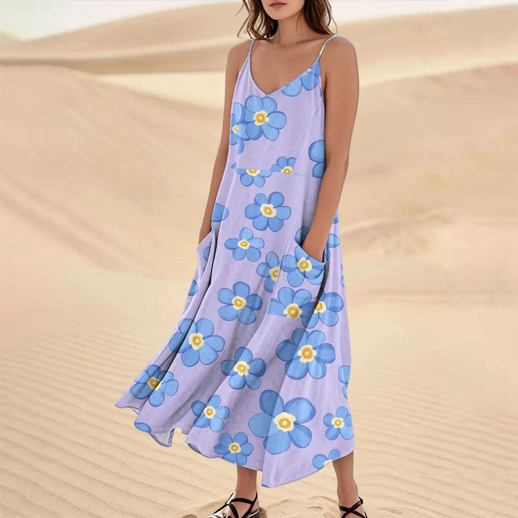 Women's Casual V Neck Floral Print Sleeveless Pocket Suspender Dress
