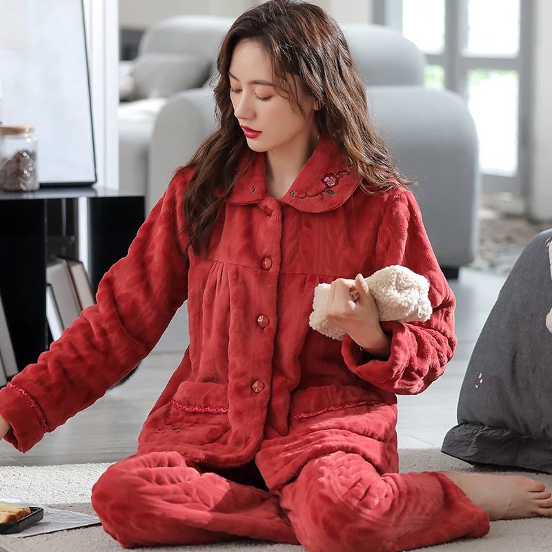 Women's Plus Size Thick Coral Fleece Pajamas - Warm Flannel Homewear for Autumn and Winter