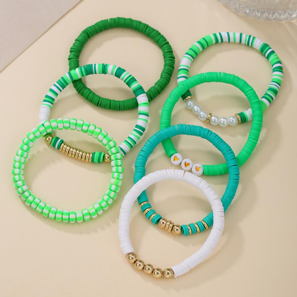 Bohemian color multi-layer soft pottery beaded bracelet, summer beach style versatile love stacked jewelry set