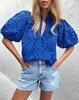Women's V-Neck Lace Embroidery Lantern Sleeve Summer Top
