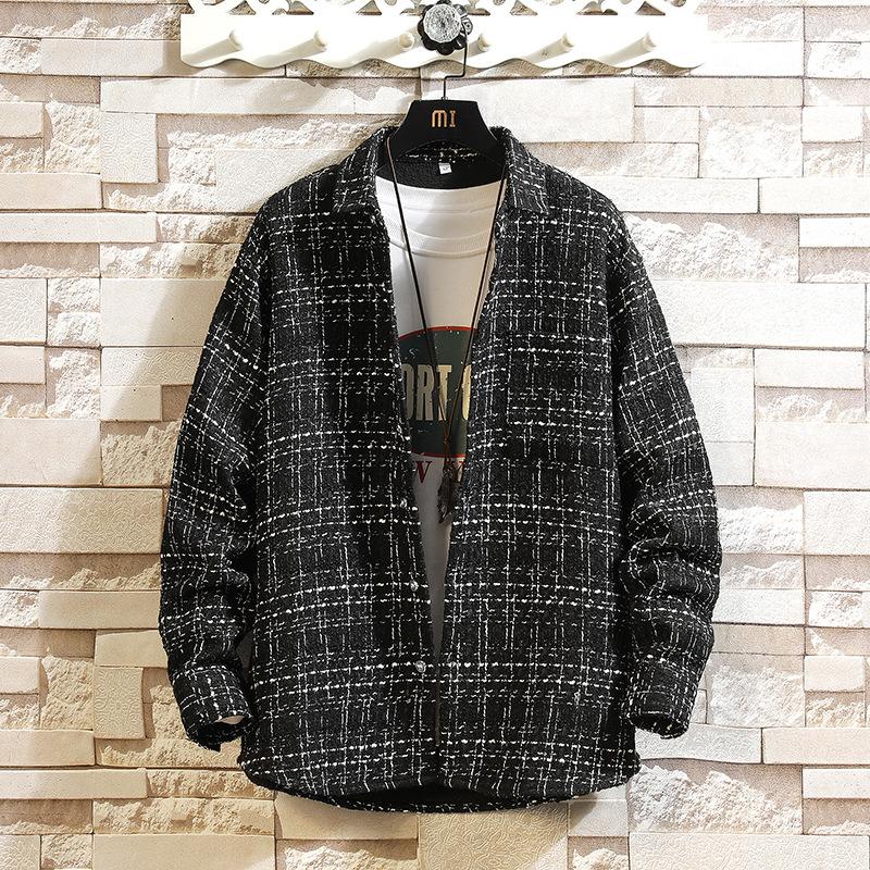 

Осень и Зима Мужская Мода Красивый Стиль Маленького Аромата Мужская Куртка Рубашка Длинный Рукав Свободная Клетчатая Рубашка Повседневная Куртка 5XL чёрный