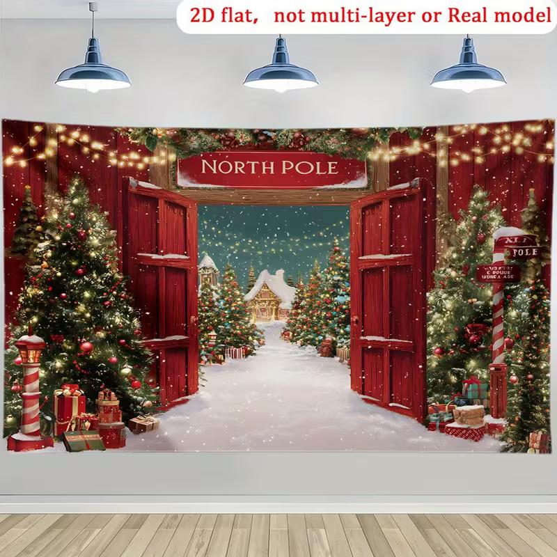 2D Christmas North Pole Scene Backdrop, Red Barn Door & Xmas Tree Photography Background