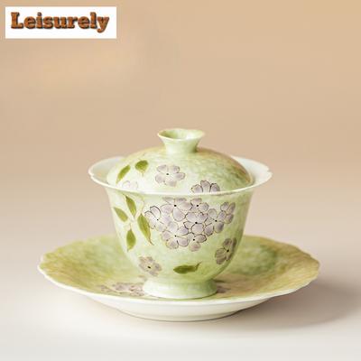 Handbemalte Hortensie Gaiwan Vintage Teeterrine Teeschale mit Deckel Set Teezubereiter Deckelschale Teezeremonie Zubehör Ornamente