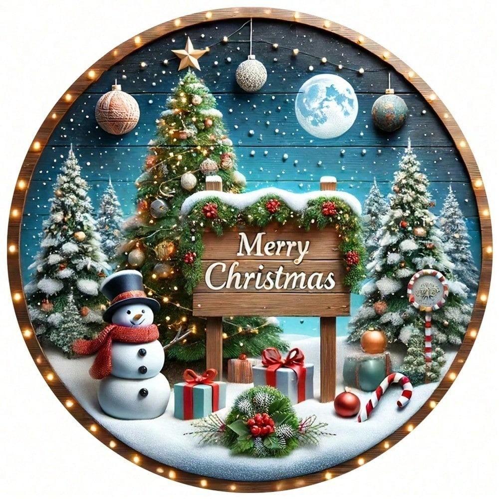 Round Metal Christmas Tree Sign, Farmhouse Holiday Wall Decor for Home Party Rustic Tin Art