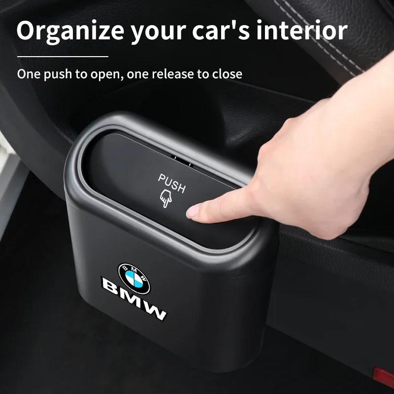 Car Sticker Hot 2025 Car Trash Can Hanging Garbage Bin Pressing Box With Lid For BMW X3 X5 M5 M3 E46 E90 E60 F10 E39 F30 E36 G30
