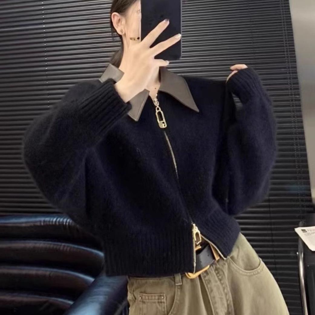 

Осень и зима новый дизайн лацкан вязаный кардиган топ женский контрастный цвет мягкий восковой свитер куртка прилив One size чёрный