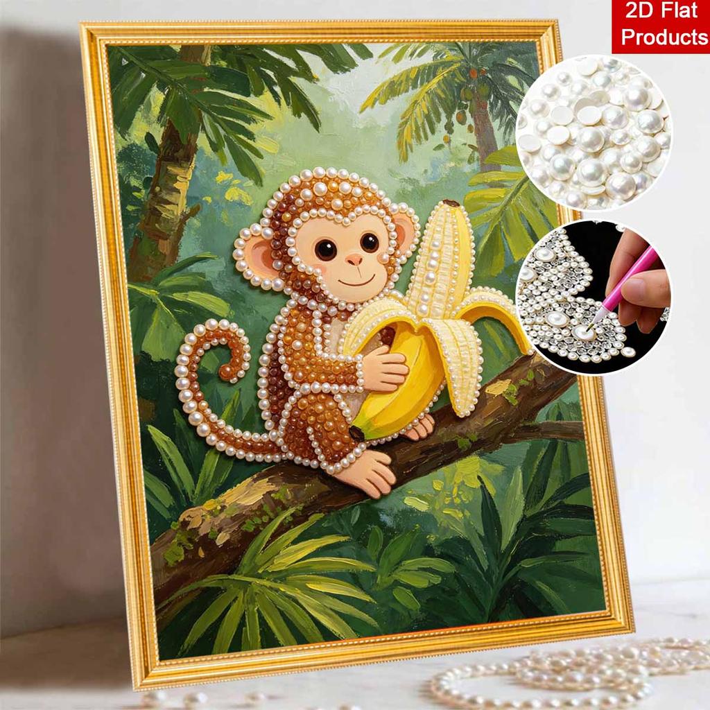 Framed Pearl Painting Kit Cute Monkey Eating Banana DIY 3D Bead Canvas Art Creative Leisure Craft Home Decoration Wall Hanging Hobby Gift