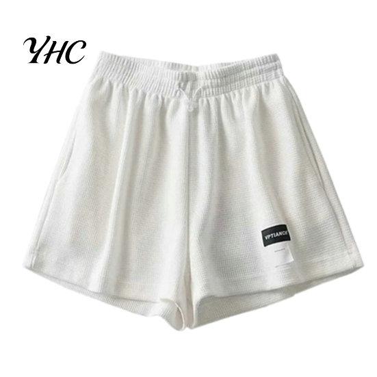 Loose Bottoms High-Waist Elastic Waistband Pockets Waffle Texture Women Shorts Fitness Wide Leg High Waist Sports Streetwear