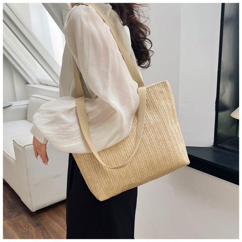 Simple Solid Color Large Capacity Woven Straw Shoulder Tote Bag For Women Daily Use