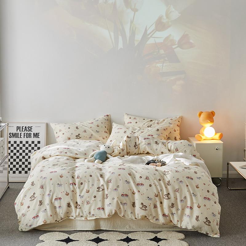 Ensemble de quatre pièces en pur coton à double fil de qualité maternelle et infantile de catégorie A, ensemble de quatre pièces en coton de style crème, drap de lit et housse de couette