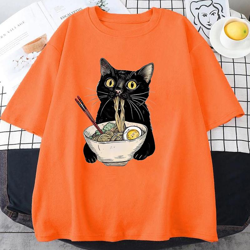 Noodle Ramen Cat T-Shirt Foodie Lover T Shirts Black Cat Noodle T-Shirts Retro Casual Short Sleeve Tshirt for Men Women Clothes