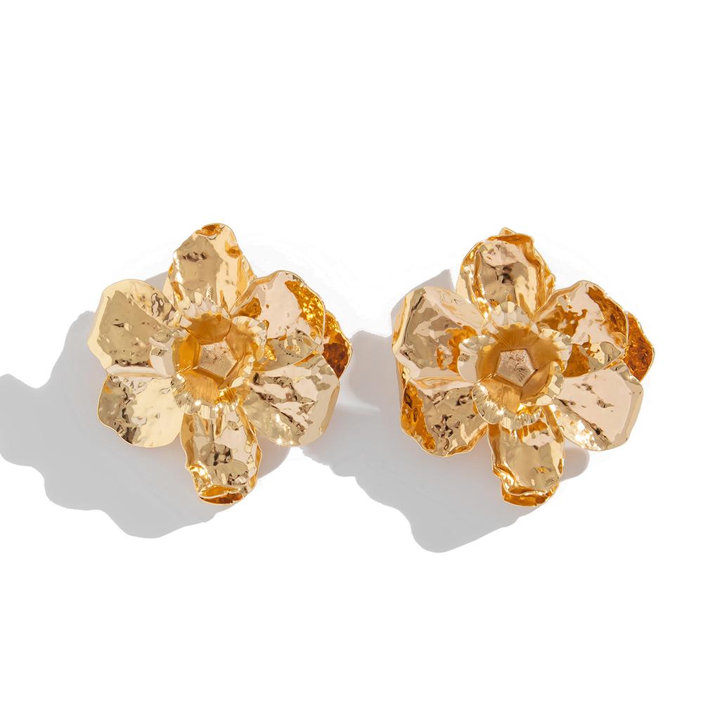 KunJoe Luxury Punk Gold Color Big Flower Stud Earrings for Women Exaggerated Multi Layer Petal Piercing Earrings Wedding Jewelry
