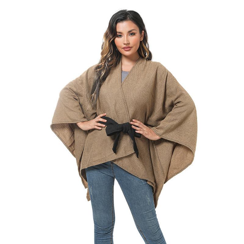 Monokrom Kemer Bölünmüş Örme Şal Dokuma Pelerin Sıcak Eşarp Kadın