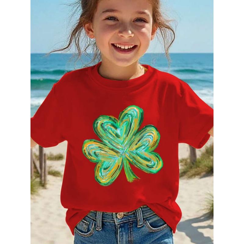 European sizes Summer Fashion Girls' Short Sleeve T-Shirt with Clover Cartoon Print, Casual Versatile Top