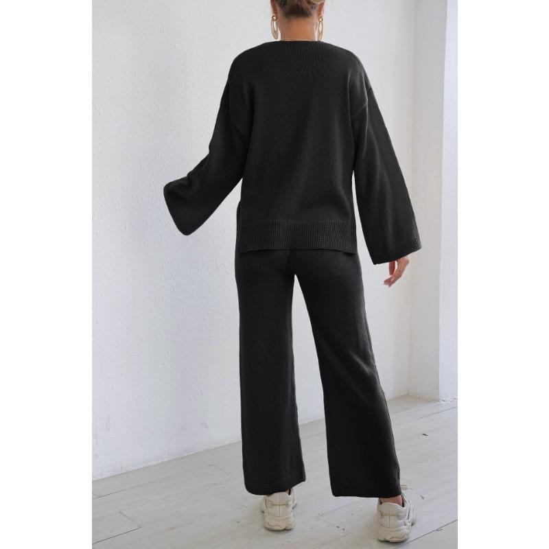 Women Loose Comfortable Solid Color Long Sleeve Sweater Wide Leg Pants Two Piece Loungewear Set