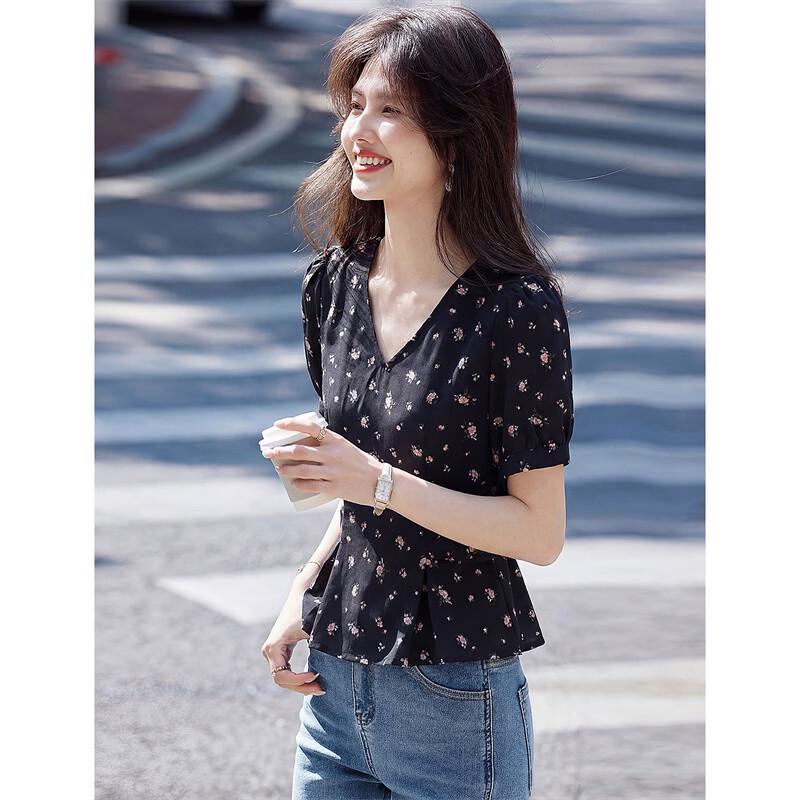 Elegant Printed V-Neck Short Sleeve Blouse