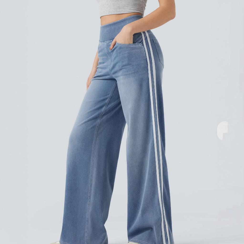 Women's Retro Side Stripe Baggy Wide Leg Jeans, Trendy Double Stripe Long Denim Pants for Casual Street