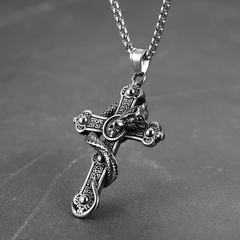 Punk Personality Sliver Color Snake Winding Cross Skull Relief Pendant Necklace for Men Women Halloween Stainless Steel Jewelry