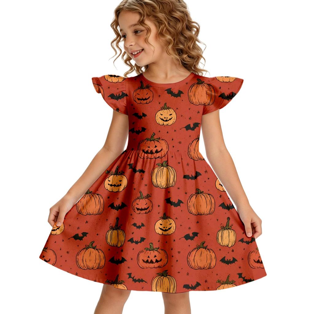 Girls Halloween Casual Dress Ruffle Sleeve Round Neck Patchwork Pattern Knee Length Dress for Kids