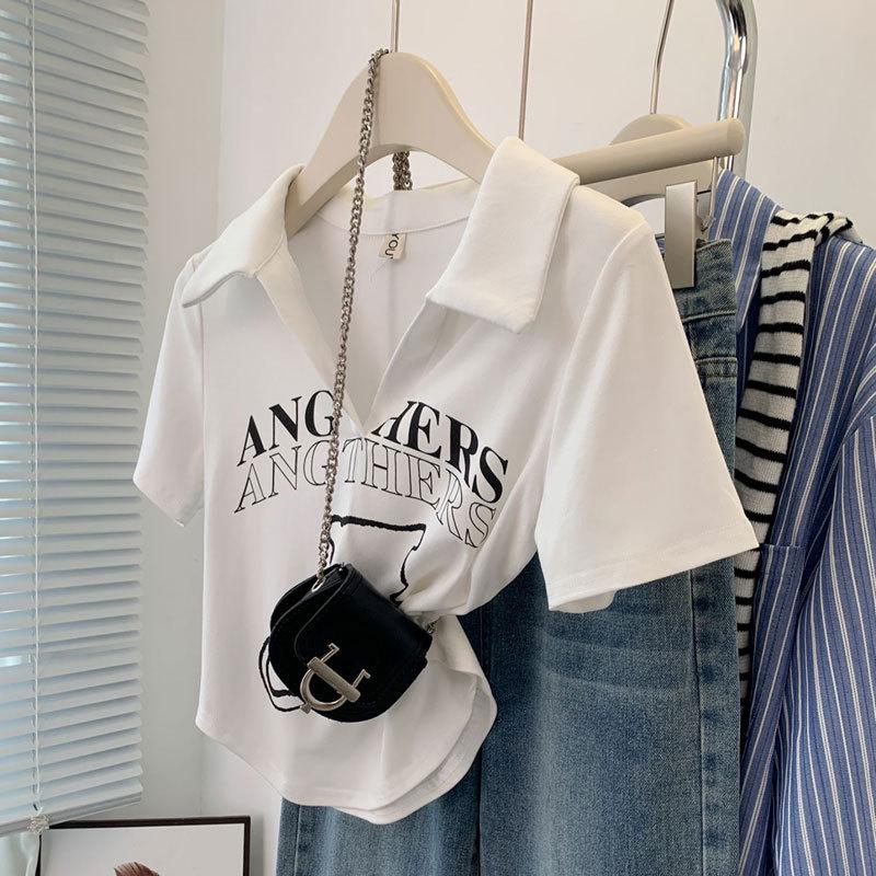 

White Polo Collar Printed T-Shirt, Short Sleeve, American Summer Design for Women L (47.5-52.5kg)